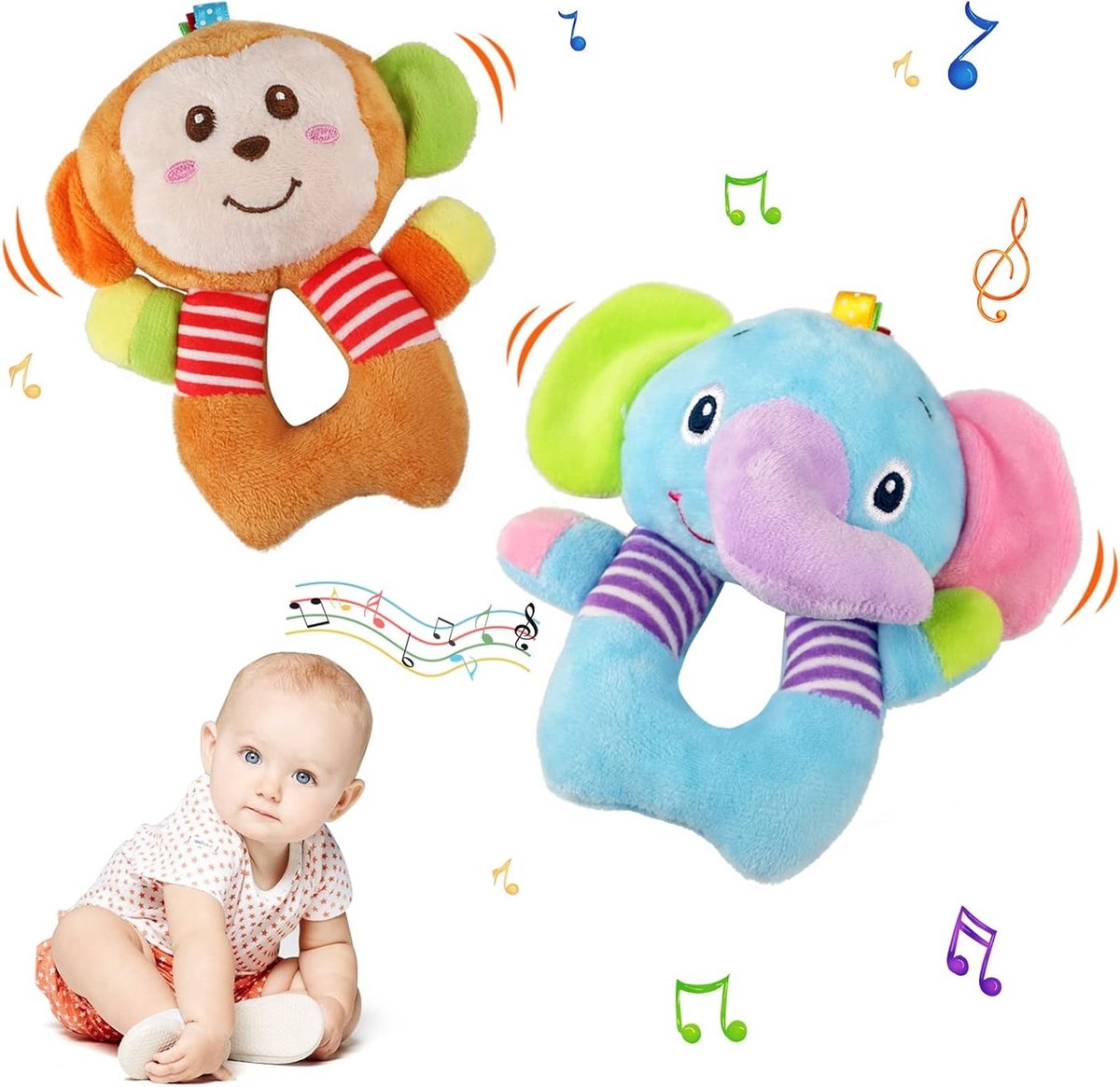 Pluche Baby Rammelaar Set van 2 - Aap en Olifant Speelgoed voor Sensomotorische Ontwikkeling, Geschikt voor 0-12 Maanden Baby Jongens en Meisjes
