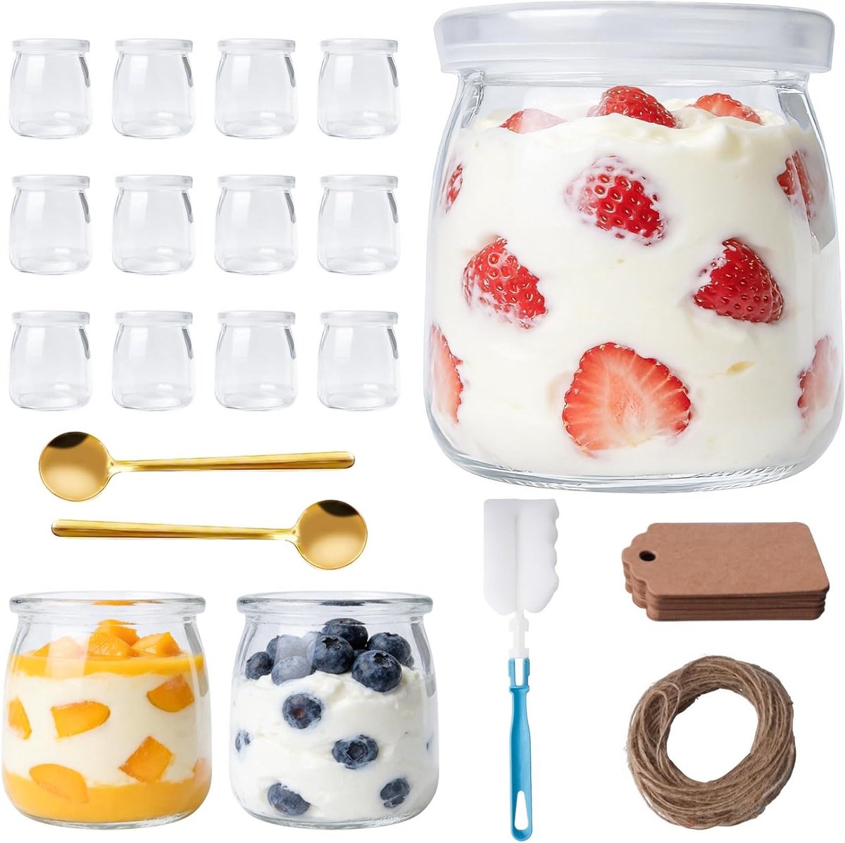 Set van 12 doorzichtige dessertglazen met deksel, ideaal voor yoghurt, mousse en jam, 200 ml