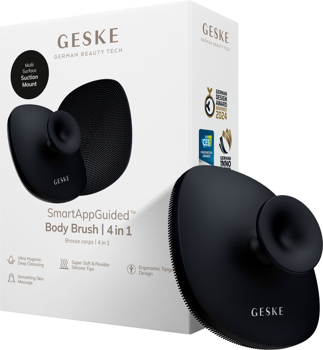 GESKE Body Brush | 4 in 1 | Reinigingsborstel voor het hele lichaam | Dieptereiniging | Zachte siliconen borstelharen | Ergonomisch ontwerp met twee vingers | Reinigingen en massages