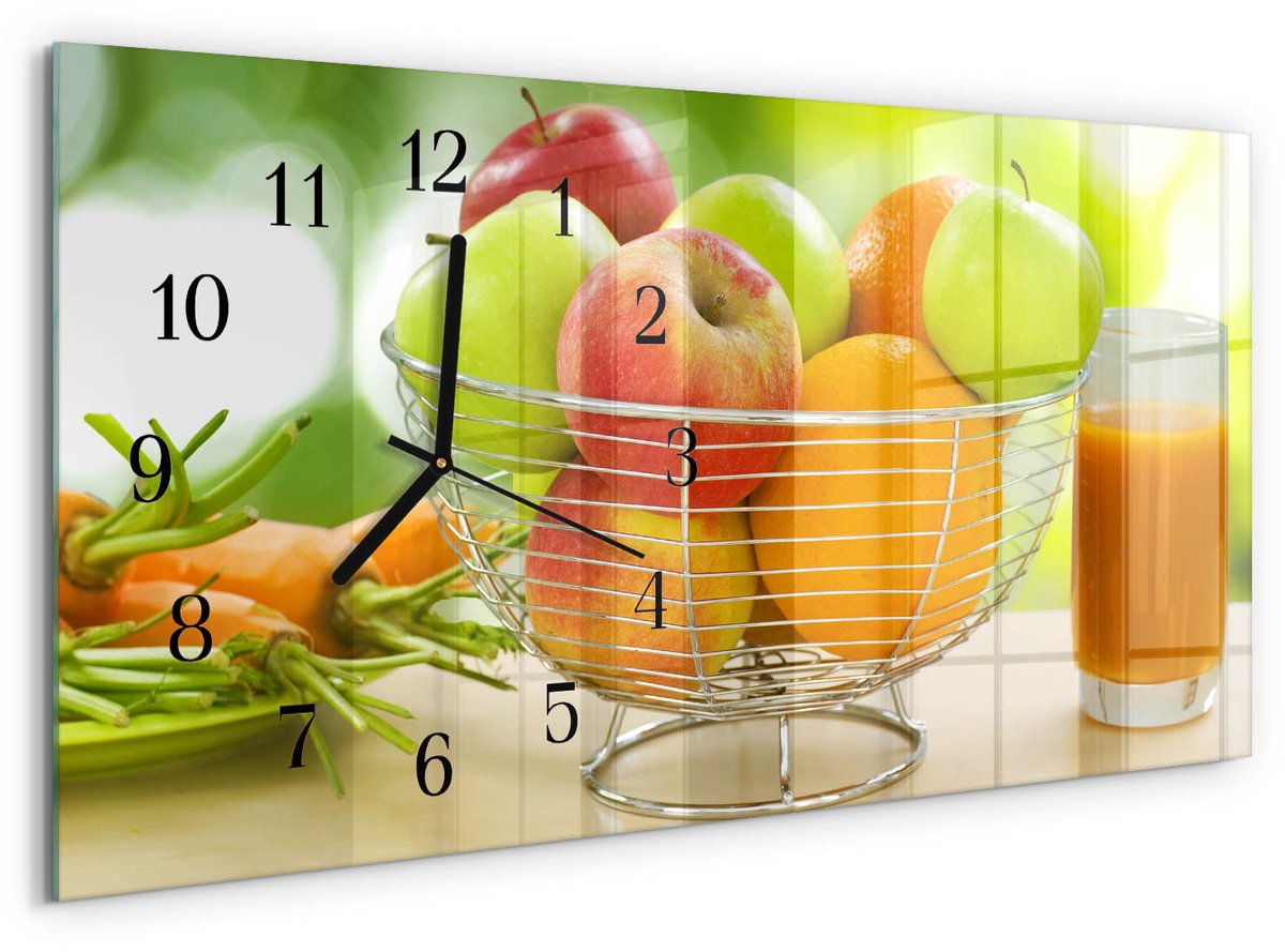 TULUP Wandklok - Fruit en sap Moderne Glazen Wandklok - 60x30 cm - Groente Wandklok Glas Met Motief - Zwarte Handen - Rechthoekige Wandklok - Glazen Klok Met Print - Wandklok Glas Met Motief Groente - Fruit en sap
