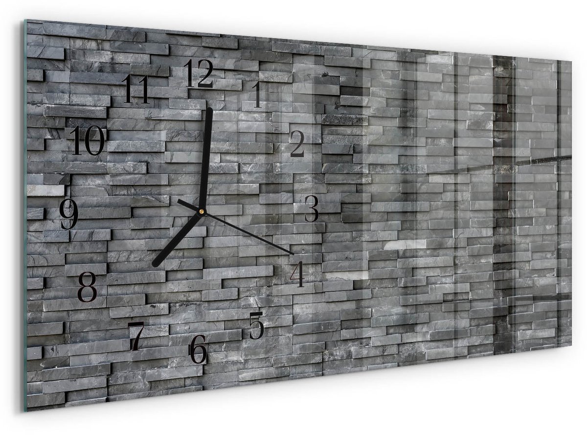 TULUP Wandklok - Stenen constructie Wandklok Glas Met Motief - 60x30 cm - Grijs Decoratieve Glazen Klok - Zwarte Handen - Rechthoekige Wandklok - Decoratieve Glazen Klok - Glazen Wandklok Design Grijs - Stenen constructie