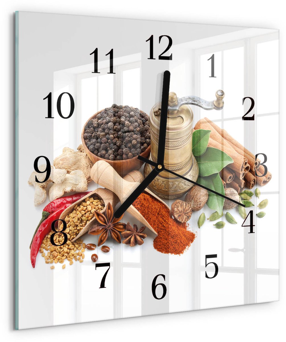 TULUP Wandklok - Specerijen Moderne Glazen Wandklok - 30x30 cm - Veelkleurig Wandklok Glas Met Motief - Zwarte Handen - Vierkante Wandklok - Glazen Wandklok Design - Klok Glas Met Opdruk Veelkleurig - Specerijen