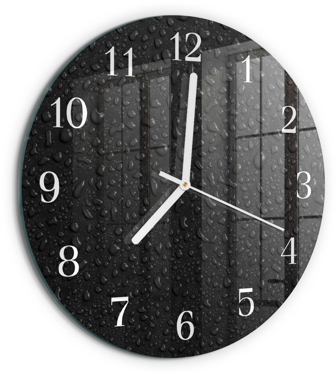 TULUP Wandklok - Waterdruppels Glazen Klok Met Print - 30fi cm - Zwart Moderne Glazen Wandklok - Witte Handen - Ronde Wandklok - Gekleurde Glazen Klok - Glazen Klok Met Print Zwart - Waterdruppels