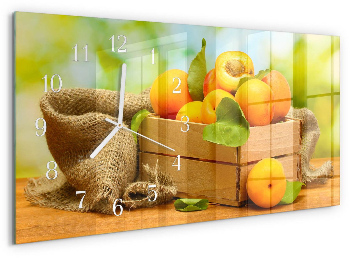 TULUP Wandklok - Abrikozen Decoratieve Glazen Klok - 60x30 cm - Geel Glazen Wandklok Design - Witte Handen - Rechthoekige Wandklok - Glazen Klok Met Print - Wandklok Glas Met Motief Geel - Abrikozen