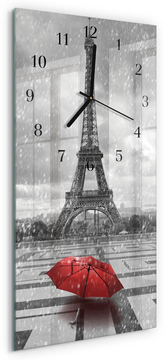 TULUP Wandklok - Eiffeltoren Wandklok Glas Decoratie - 30x60 cm - Veelkleurig Gekleurde Glazen Klok - Zwarte Handen - Rechthoekige Wandklok - Glazen Wandklok Design - Klok Glas Met Opdruk Veelkleurig - Eiffeltoren