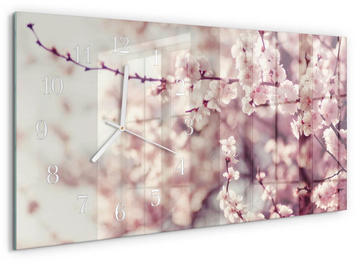 TULUP Wandklok - Kersenbloesems Gekleurde Glazen Klok - 60x30 cm - Roze Glazen Klok Met Print - Witte Handen - Rechthoekige Wandklok - Moderne Wandklok Glas - Wandklok Glas Decoratie