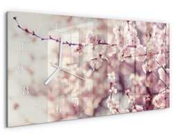 Tulup Wandklok - Kersenbloesems Gekleurde Glazen Klok - 60x30 cm - Roze Glazen Klok Met Print - Witte Handen - Rechthoekige Wandklok - Moderne Wandklok Glas - Wandklok Glas Decoratie