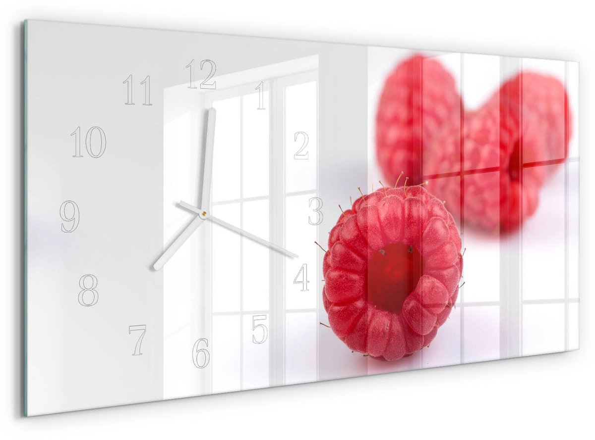 TULUP Wandklok - Frambozen Moderne Glazen Wandklok - 60x30 cm - Rood Wandklok Glas Met Motief - Witte Handen - Rechthoekige Wandklok - Glazen Klok Met Print - Wandklok Glas Met Motief Rood - Frambozen