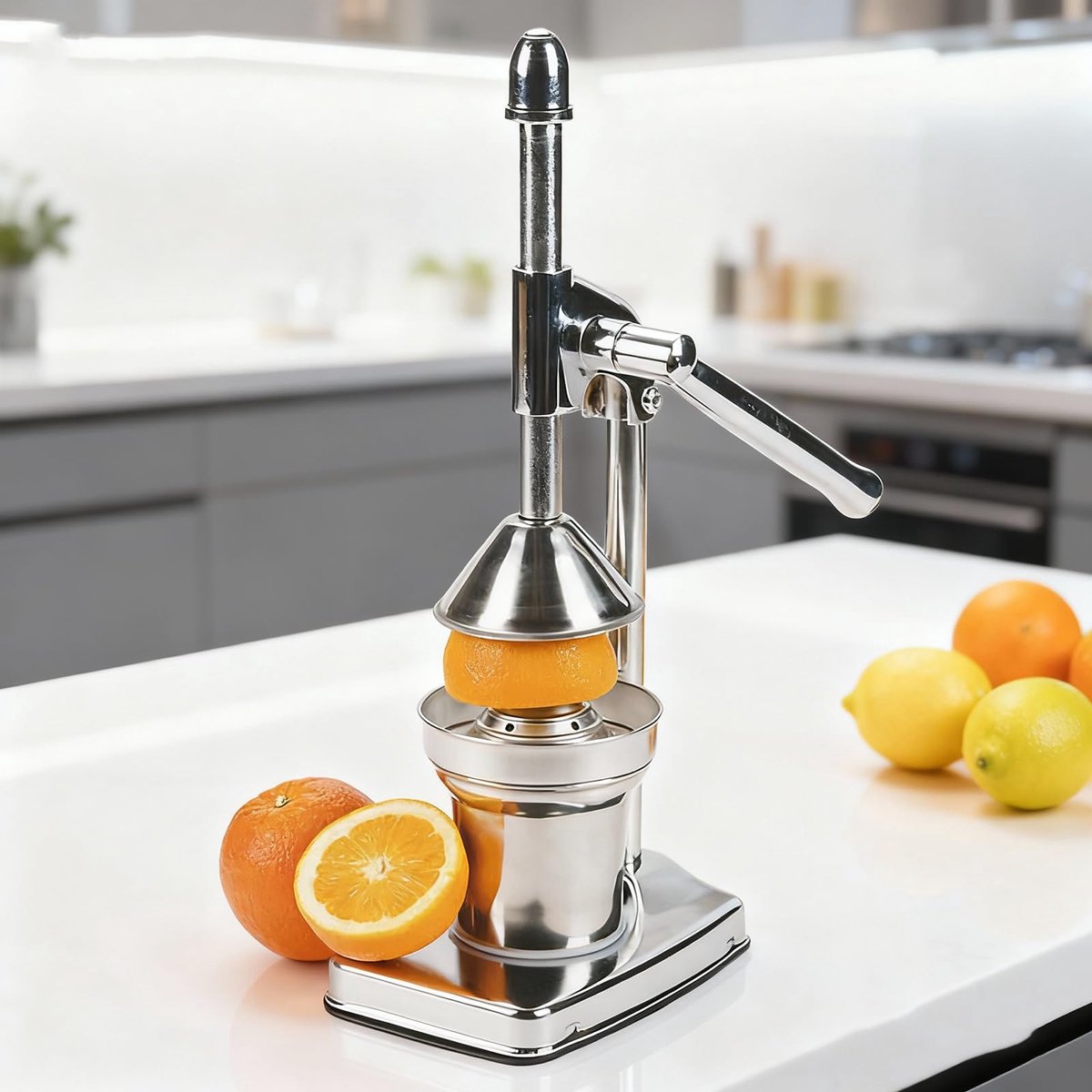 carmdering - Citruspers - Handmatige Citruspers - Sapcentrifuge - Roestvrij staal, 12,5×18,5×36,5 cm - Druppelvrij, ergonomisch handvat - Geschikt voor citroen, limoen, sinaasappel en granaatappel - Perfect voor thuis en keuken - Zilver