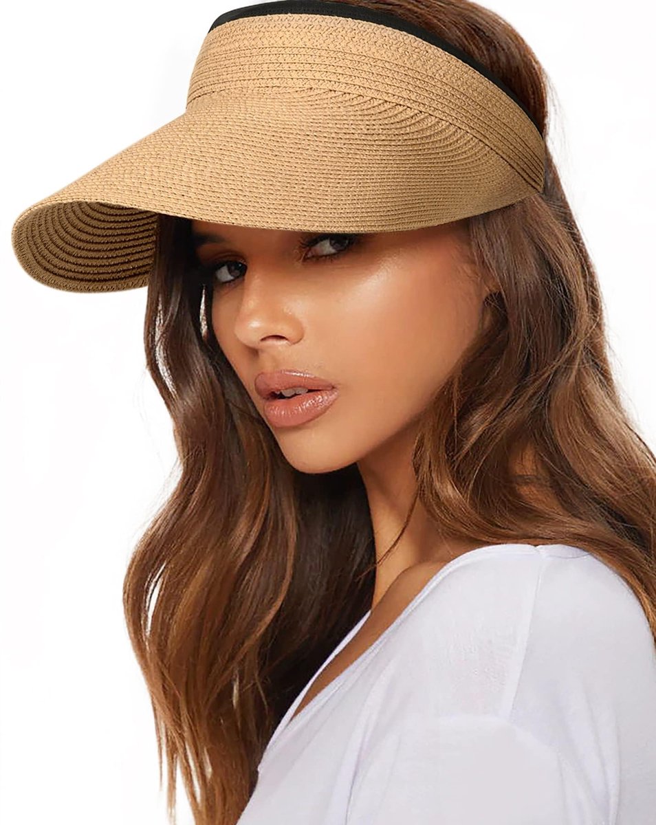 carmdering - Zonneklep - Dames Zonneklep - Strandhoed - Riet, verstelbaar (54-60 cm), rand 13 cm - UPF 80+, UV-bescherming - Oprolbaar, draagbaar - Lichtgewicht en ademend - Khaki - Perfect voor strand en reis