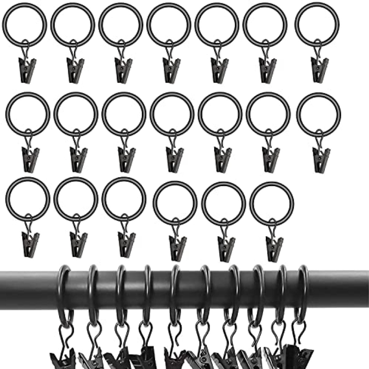 PromoHome 20 stuks Metalen Gordijnringen met Clips – Roestvrij, Zwart – Voor gordijnroedes tot 16 mm diameter