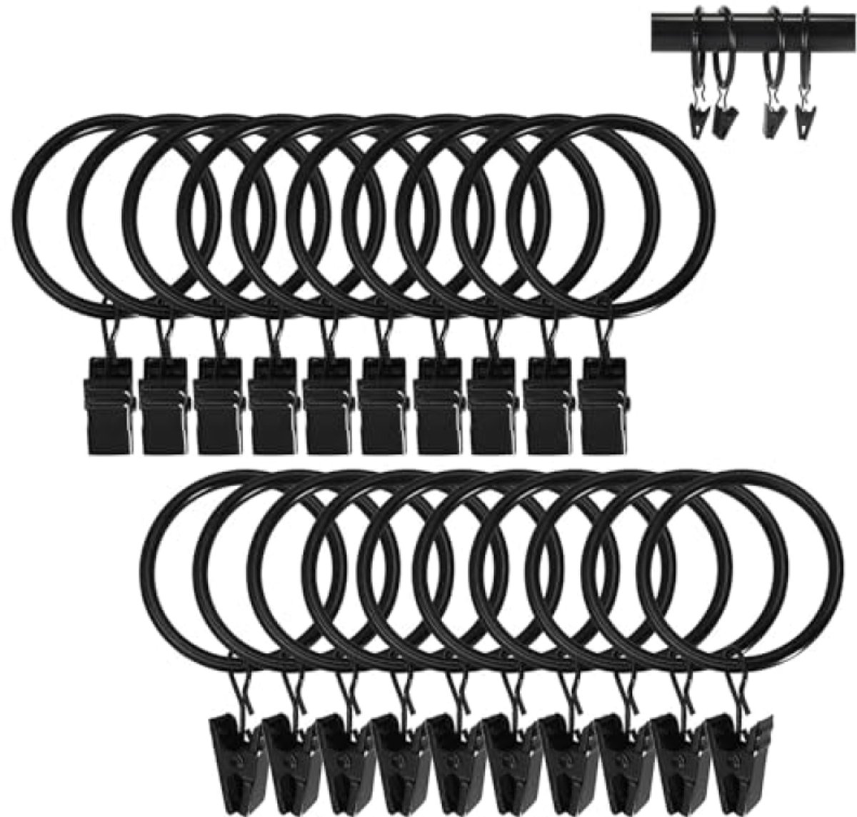Ringgordijnclips zwart 20 stuks – Sterke metalen gordijnringen met clip – Vintage stijl – Compatibel met gordijnroedes tot 2,5 cm – Decoratief voor raamgordijnen – PromoHome
