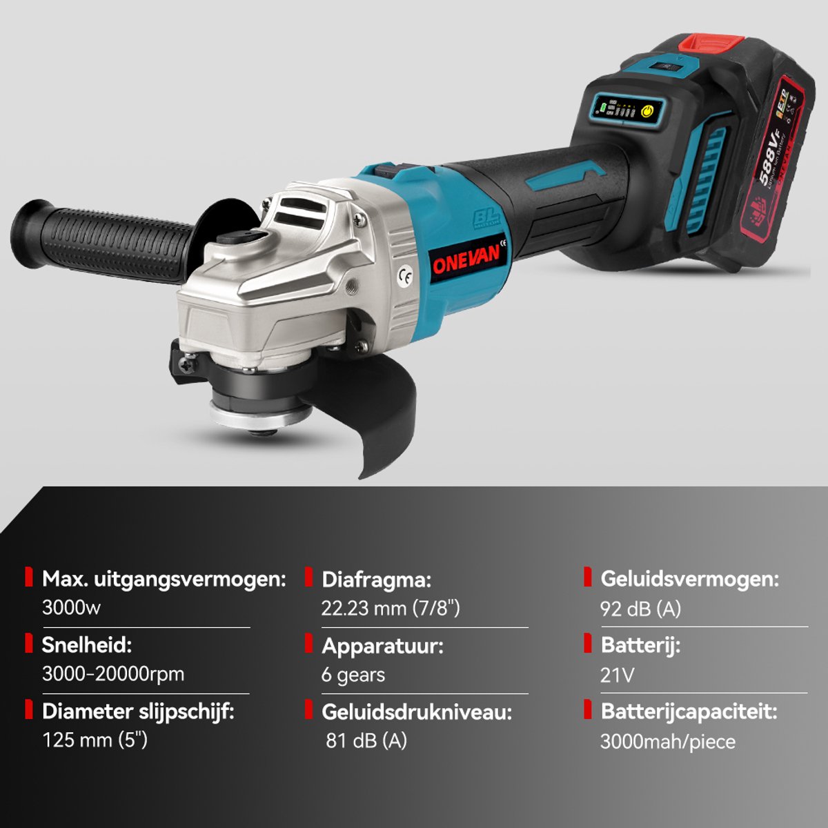 ONEVAN 125mm Borstelloze Accu Haakse Slijper, 6 Snelheden DIY Polijstmachine, Houtbewerking Polijstmachine Set – foto 3