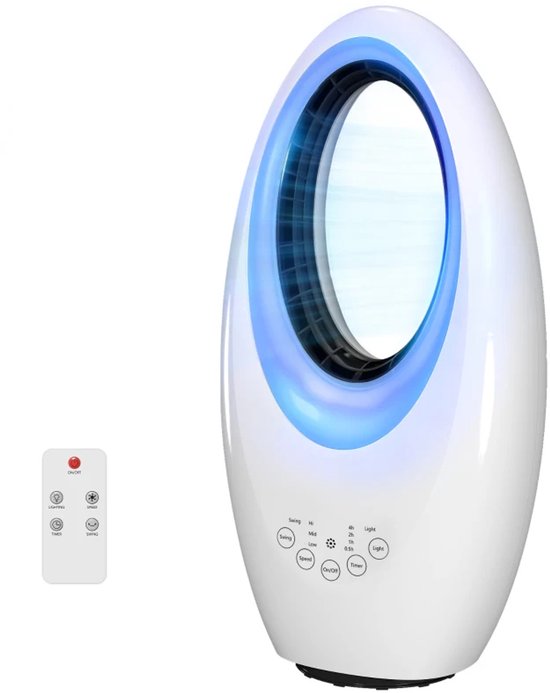 Bladloze torenventilator wit zwart, stille ventilator 36 dB, 3 snelheden, 60° oscillatie, timer 7,5 uur, LED verlichting