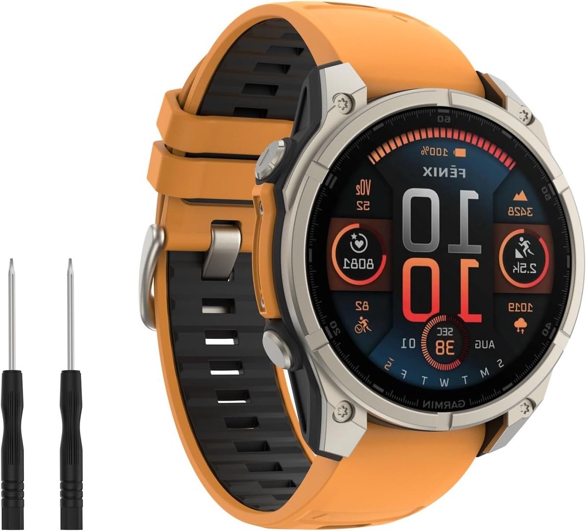 Compatibele Horlogeband voor Garmin Fenix 8-E 47 mm, Fenix 7-7 Pro, Fenix 6-6 Pro, Fenix 5-5 Plus en Forerunner 935 945 955 965, 22 mm QuickFit Zachte Horlogeband met Titanium Knop en Oranje-Zwart Design