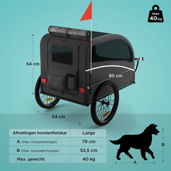 TrevoPet® Hondenfietskar - Opvouwbare Fietskar Hond - Hondenkar - Geschikt voor E-Bikes - Tot 40 kg - Voor Middelgrote & Grote Honden - Zwart