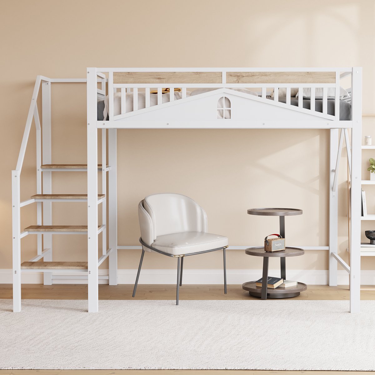 VVBV Hoogslaper 140x200 – met Opbergruimte, Veiligheidshek, Ladder – Metaal – Wit – Metalen Frame – Hoogslaper met Trap White