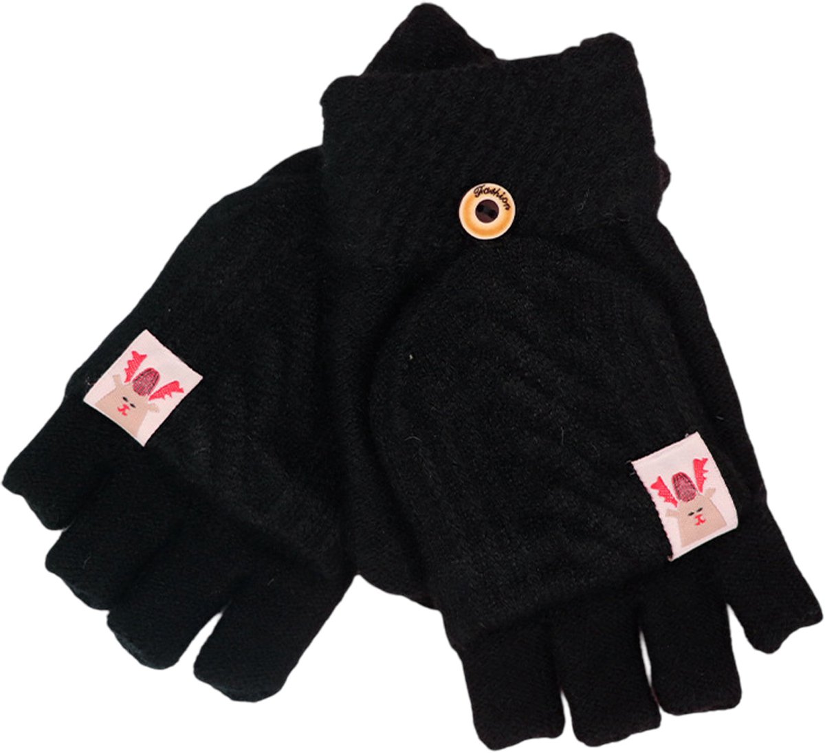 Oneay Zwarte vingerloze handschoenen, gebreide vingerloze handschoenen voor volwassenen met flap, outdoor fietshandschoenen