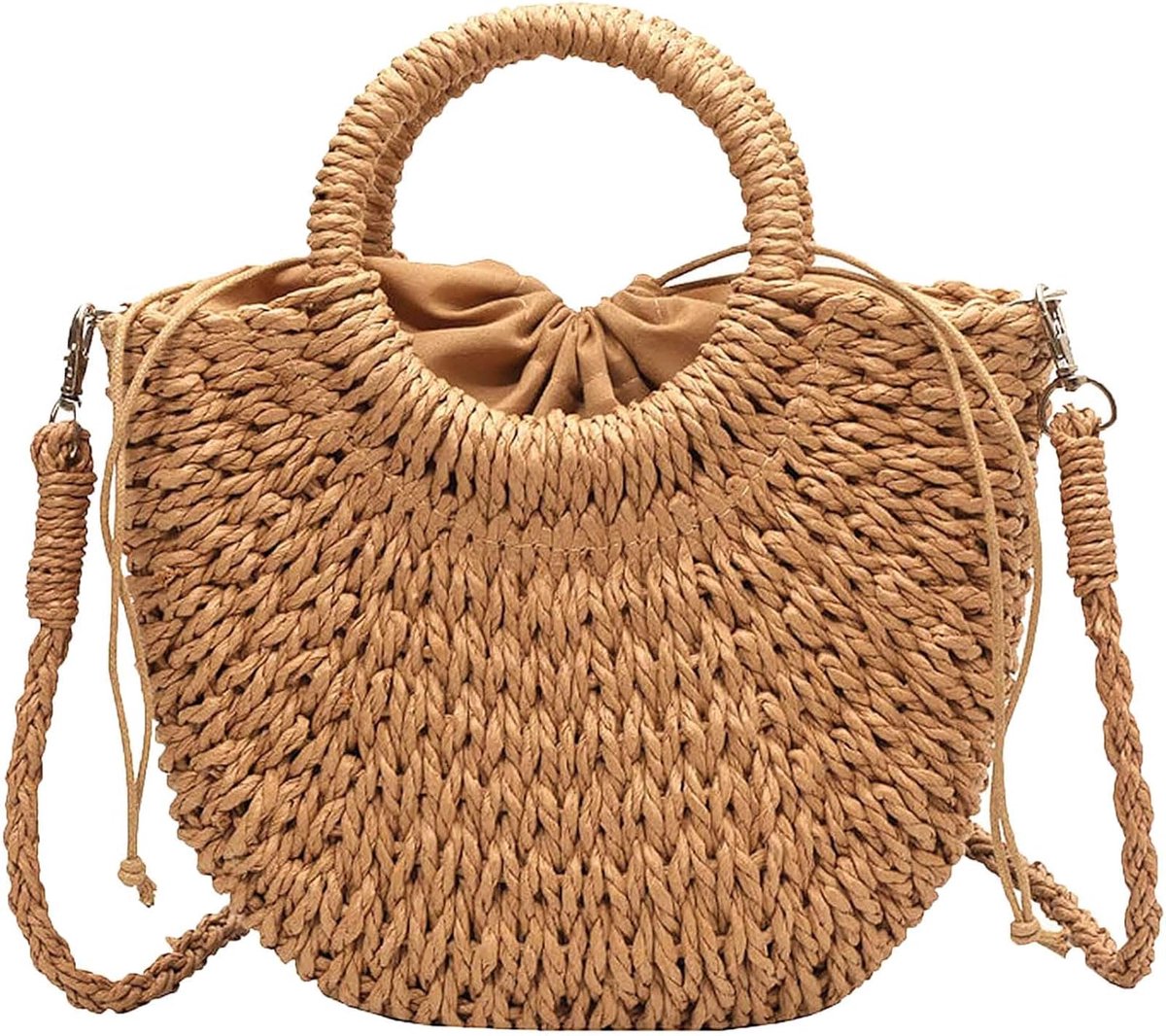 JeiibrZui Natuurlijke Strooien Tas Dames - 24x18x7 Cm - Handgeweven Schoudertas Met Koordsluiting - Koffiebruin