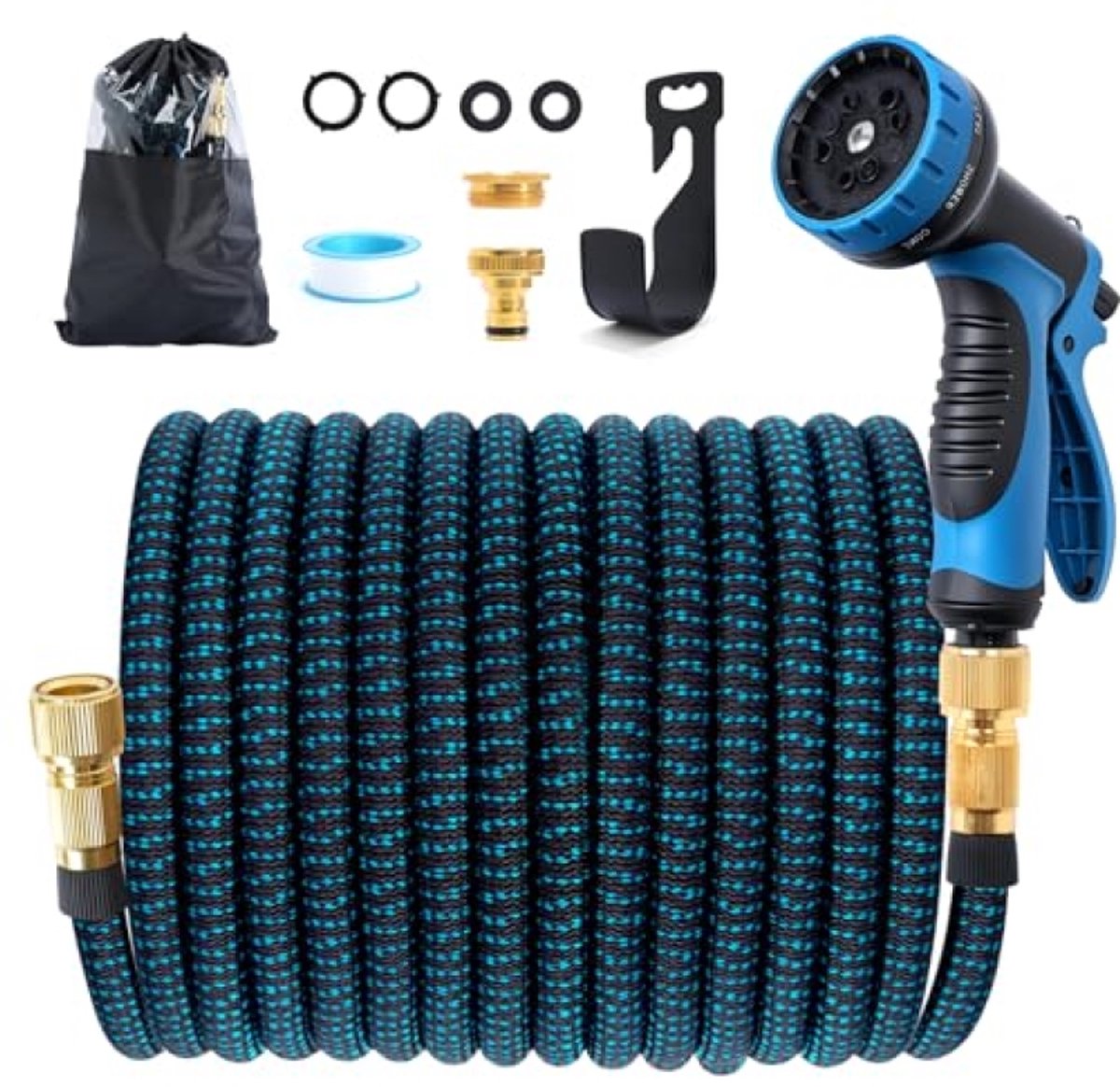 Flexibele tuinslang 15 m, rekbare slang met 10-functies sproeimondstuk, messing adapter 1/2" en 3/4", wandhouder