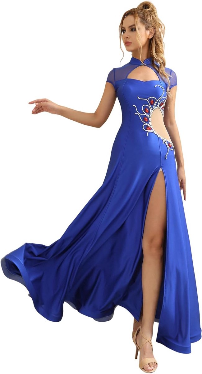 Oosterse dansjurk voor buikdans, Strass-jurk in blauw, Kostuum voor dansers met korte mouwen en elegante details