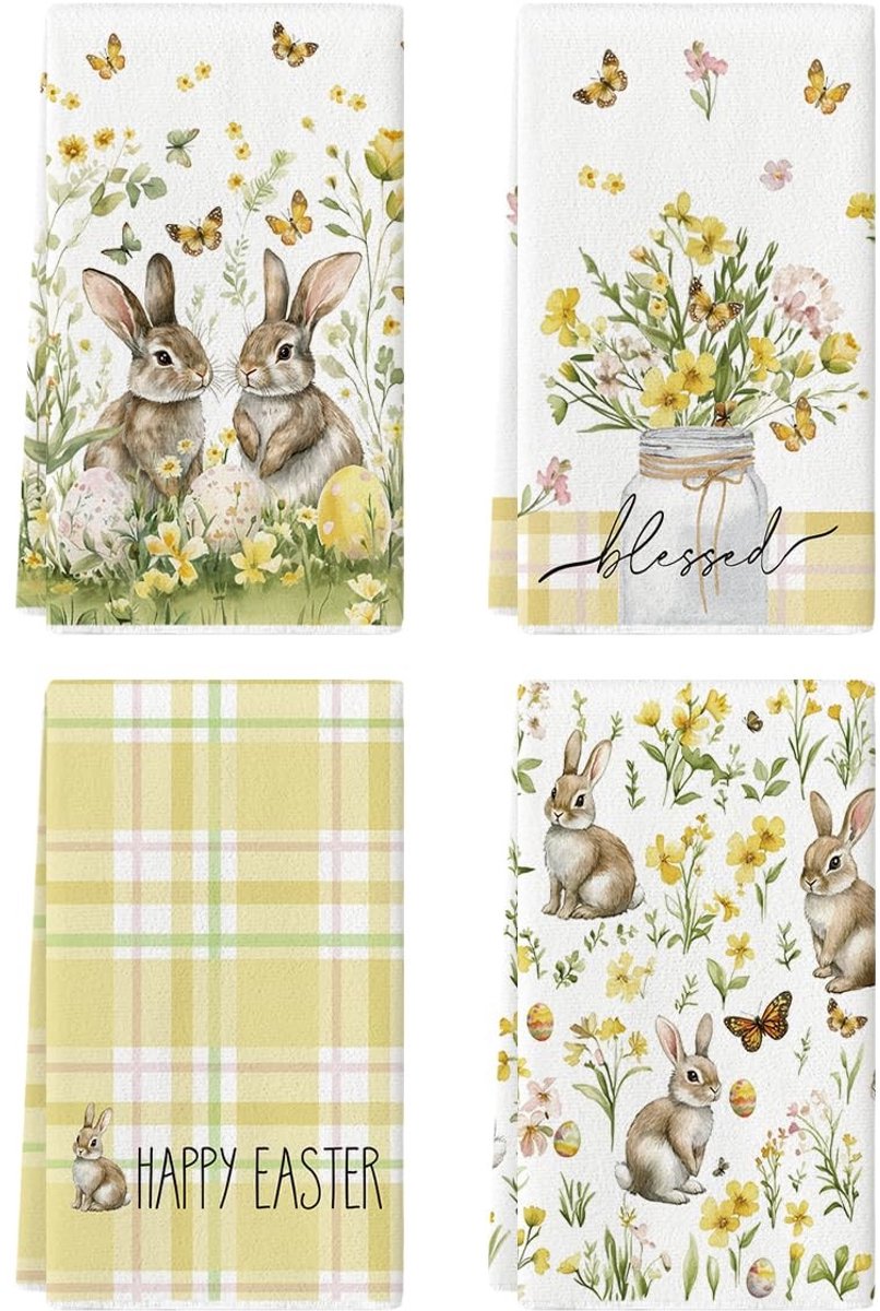 Dailygoods - Dailygoody - Theedoeken Set - Gestreepte Konijnenbloemen - Zacht en Stijlvol - Geel - Paaseieren - Perfect voor Keuken of Cadeau - 4-delige set