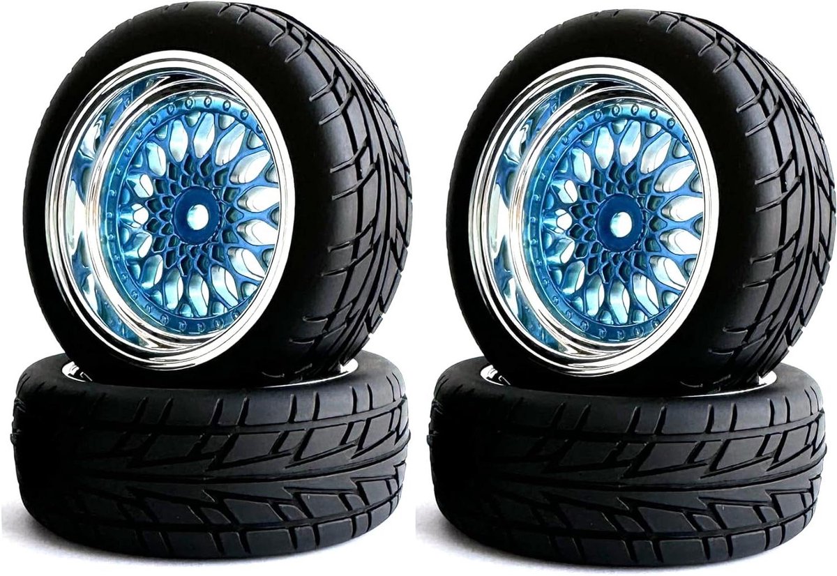 KINGCOO RC Autobanden en wielenset, 4 stuks, 66 mm, rubberen banden, kunststof velgen, wielen, 12 mm, Hex voor 1/10 RC On-Road Run-Flating, Touring, Racing Drifting Auto (blauw zilver, offset 3 mm)