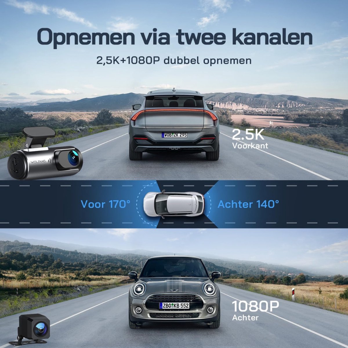 TIM® Dashcam Voor en Achter - Autocamera - Dashcamera - Nachtzicht - Zwart - 8cm x 4cm x 5cm – foto 2