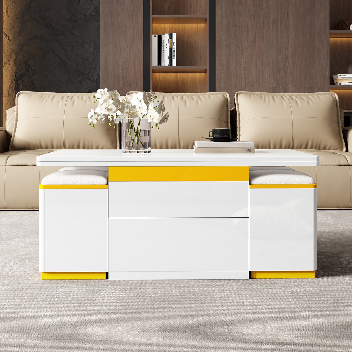 VVBV Salontafel in hoogte verstelbaar / Salontafel met lade – met Opbergruimte, Lades – 100x50x43 cm – Hoogglans – MDF – Wit – Afmetingen 100x50x43 cm White