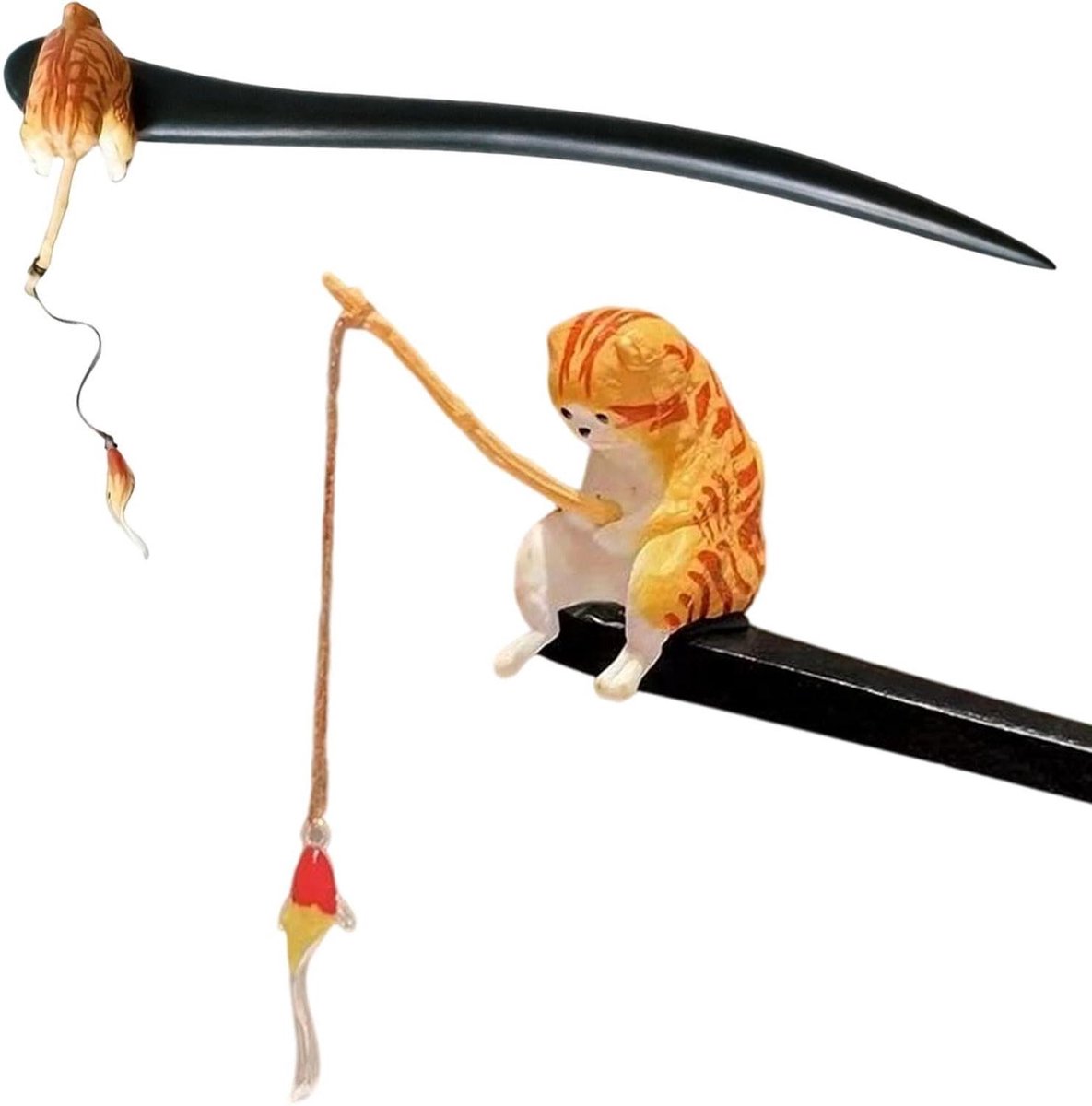 Chinese Haarstokjes - Knotspeld Hout - Kapsels Maken - Kat Vis Ontwerp - 18 cm - Houtkleur