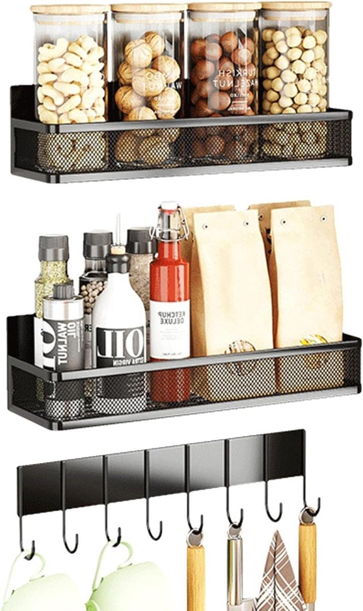 Magnetisch kruidenrek - Koelkast organizer - Keuken opbergen - Montage zonder gereedschap - 3-delige set - Zwart