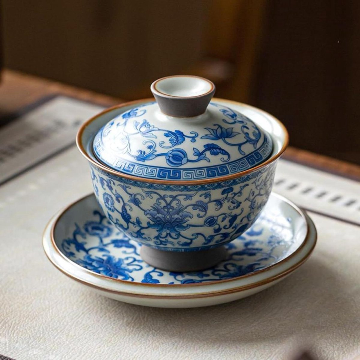 Theeset Gaiwan - Thee kom - Thee Zetten - Hittebestendig Keramiek - 160ml 6oz - Blauw Wit