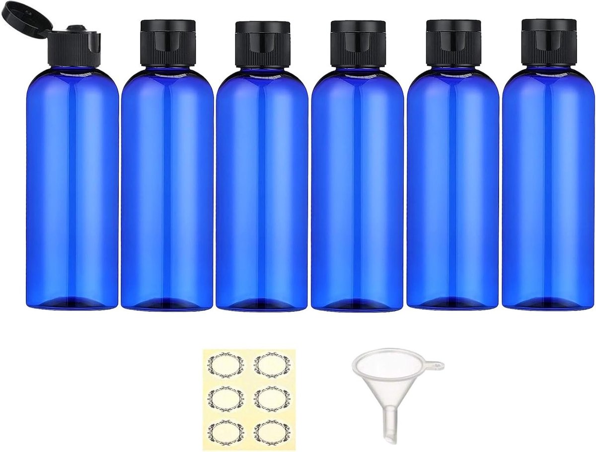 Set van 6 Lege Plastic Reisbottles van 100ml met Flipdeksel, Inclusief Trechter en 6 Labels - Ideaal voor Shampoo, Lotion en Toilettasgoedgoed