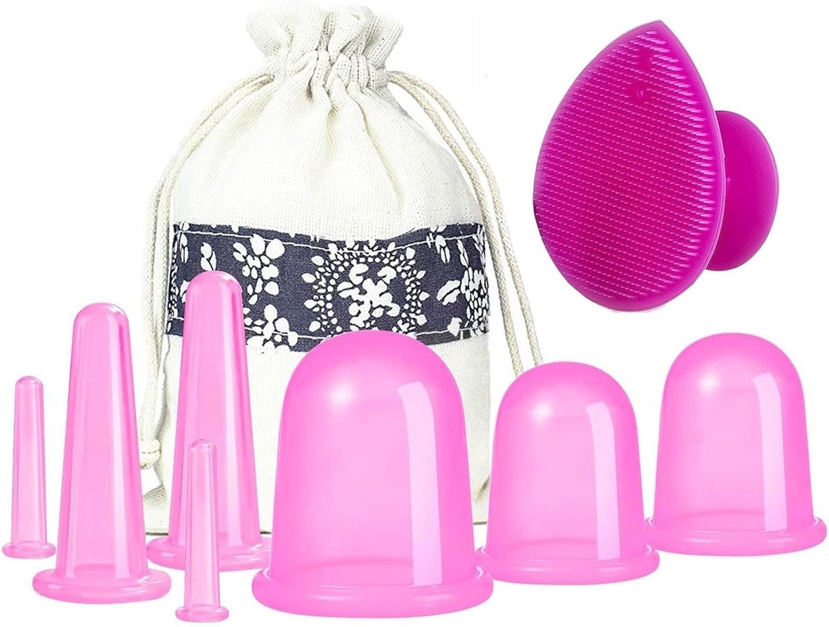 Set van 8 Siliconen Cups voor Gezichtsmassage en Oogverzorging met Exfoliërende Borstel voor Huidverzorging (Klein, Medium, Groot)