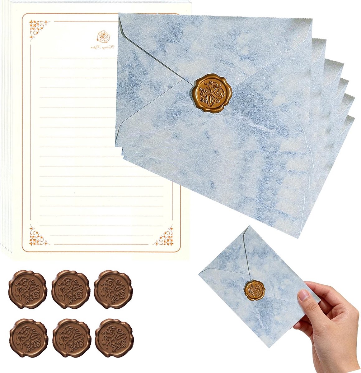 Vintage Briefpapier Set met 20 A5 Schrijfbladen, 6 Blauw Enveloppen en Wax Seal Stickers voor Liefdesbrieven, Trouwaankondigingen en Bedankkaarten