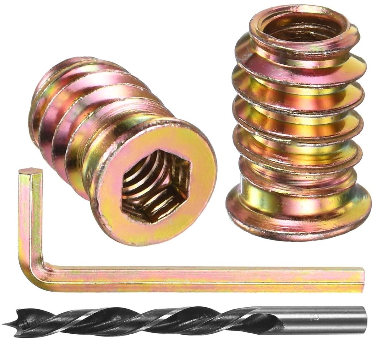 Pack van 60 Draadinvoegen voor Hout, 1/4-20x15mm, Hexagonale Draadinvoegen voor Meubels, Inclusief Inbussleutel en Boorbit [Gouden Kleur]