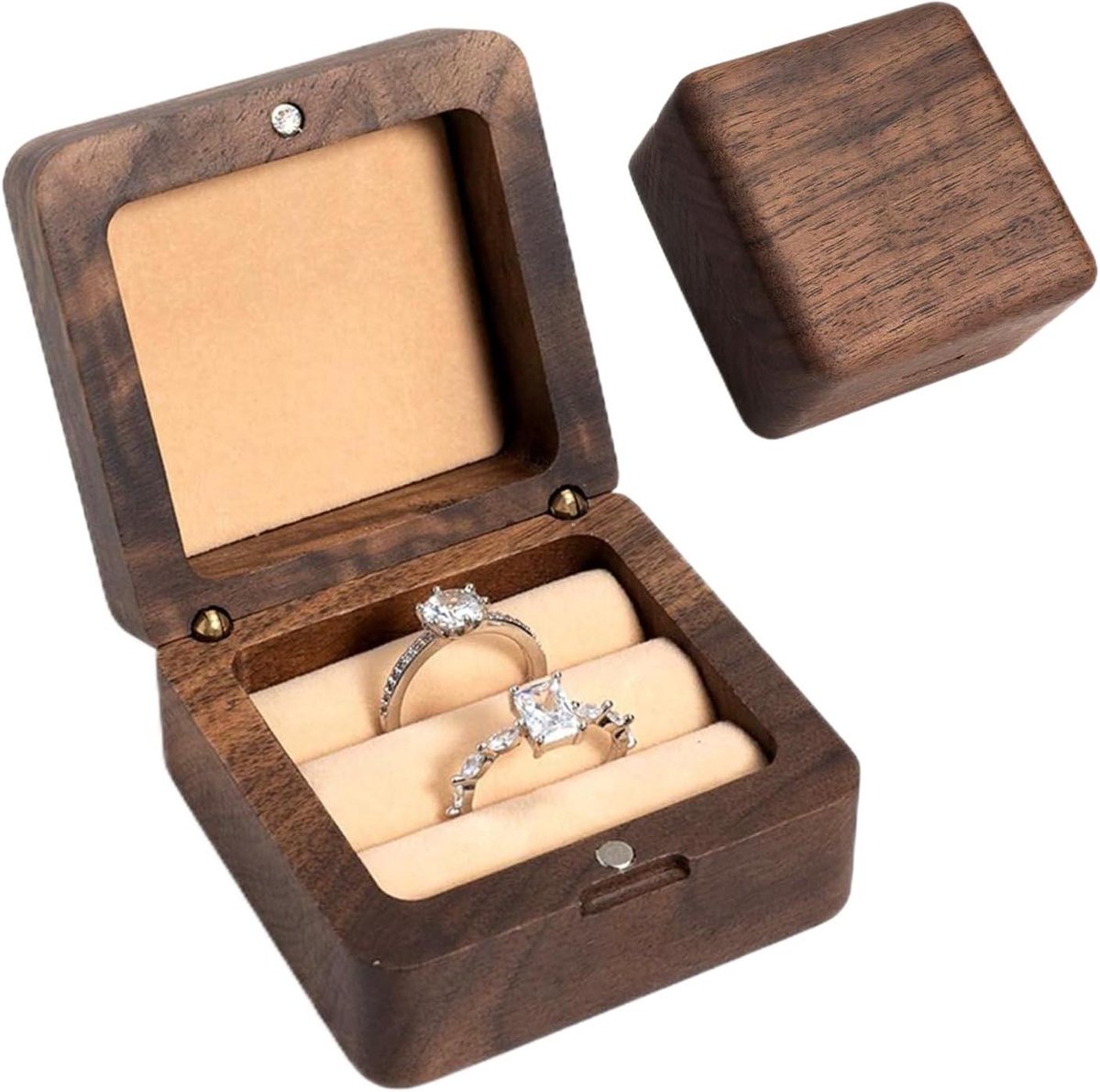 Houten Ring Doos - Juwelen Koker - Bruiloft Presentatie - Dubbele Compartimenten - 6x6x6 cm - Natuurlijk Hout