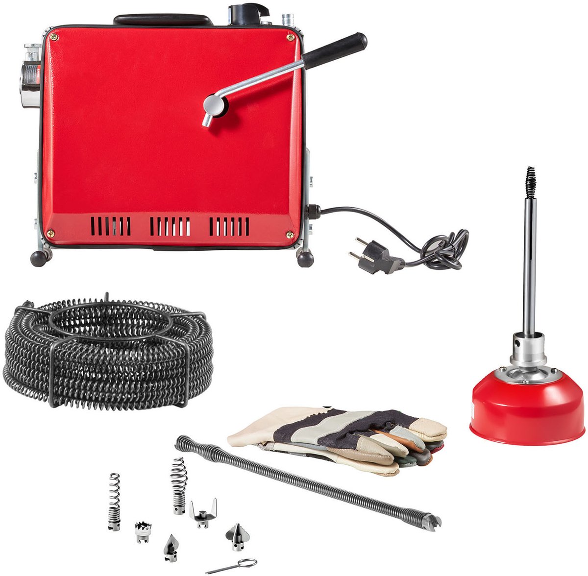 Elektrische Pijpreinigingsmachine, 400 W, 1400 tpm, Rioolreiniger met 20 m X 16 mm en 5 m X 9,5 mm Veerkabel, 0,4 m X 12 mm Flexibele Veer en 6 Snijbladen, Geschikt voor Leidingen met Een Diameter van 50–110 mm