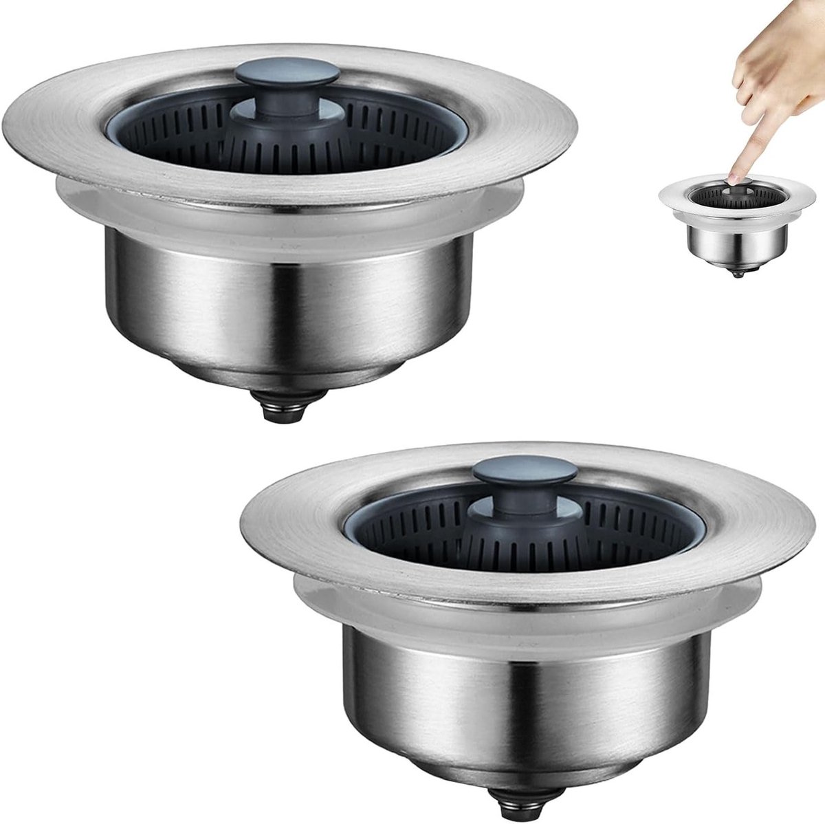 Set van 2 keukenafvoerstoppen, roestvrij staal en ABS, anti-vergrendelend, geschikt voor afvoeren met een buitendiameter van 108 mm en een diepte van 55 mm, ideaal voor keuken en badkamer