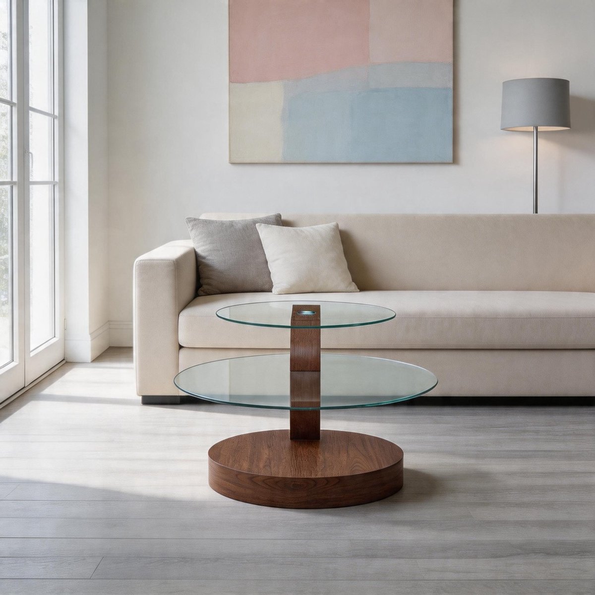 KOMHTOM Moderne minimalistische salontafel met twee lagen veiligheidsglas - meerlaags ontwerp - hoogwaardige MDF-draagconstructie met walnoothoutnerflook - meerdere kleuren naar keuze Transparant, walnoot