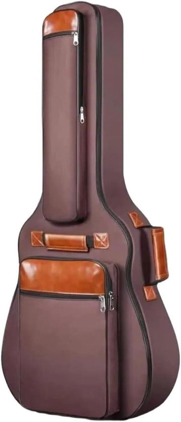 Bruine gitaartas met cognac accenten, voorzien van extra opbergvakken en handgrepen.