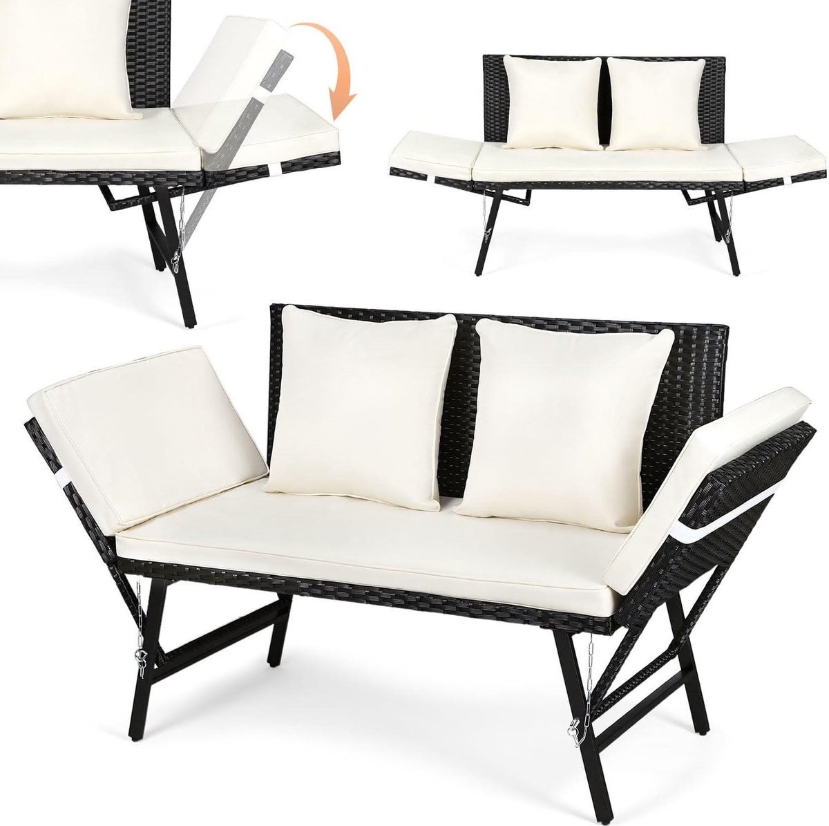 Tuinbank Polyrotan - Ligstoel Bank - Ontspannen in de tuin - 3-in-1 functie - 176 x 55 x 85 cm