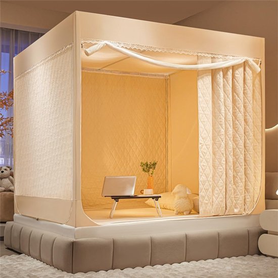 Bedtent 2025 Nieuw Winter Verdikt Warm Ademend Afneembaar Privacy Bedtent Luifel Lichtreductie Slapen Droomtenten Binnen Draagbaar Grote ruimte met 3 deuren(Beige,150x200cm/Full) — afbeelding 5