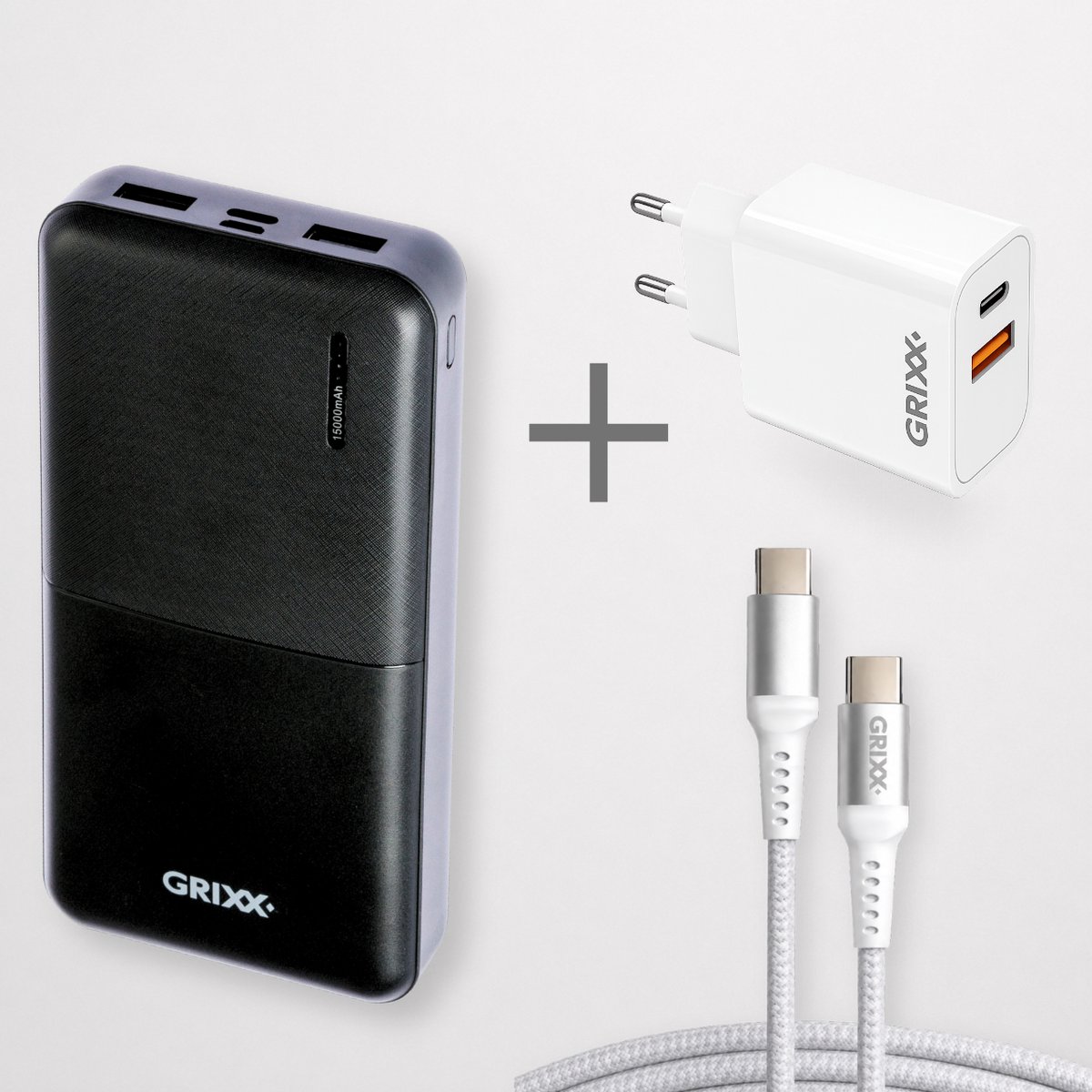 GRIXX Powerbank Bundel 15.000 mAh + USB-C Snellader 20W + USB-C Kabel 2 Meter – 18W Power Delivery – Noodpakket – Voor iPhone, Samsung & USB-C Smartphones – Zwart/Wit