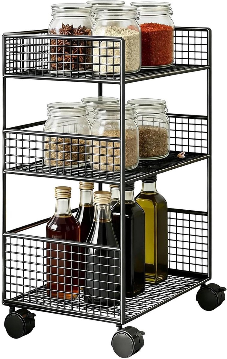 Opbergkar - Rolcontainer - Huis Organiseren - 3 Laags Ontwerp - 49x21x49 cm - Zwart