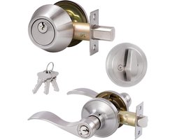 (1 Pack Gelijksluitend Voordeurhendel Lockset met Enkele Cilinder Deadbolt Combinatieset, Wave Style Hendel, Voordeur/Buitendeur Knop met Slot en Deadbolt, Satijn Nikkel Afgewerkt