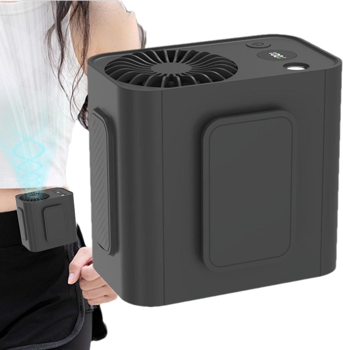 Draagbare Riem Ventilator - Zak Ventilator - Buiten Koelen - Ingebouwde Zaklamp - 10x7x9 cm - Zwart