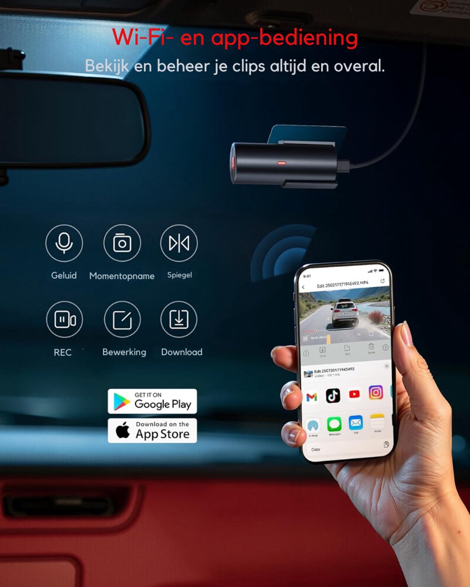 DnA® Dashcam - Dashcam Voor Auto - Dashcams - Dashcam Voor Auto Voor en Achter - Dashcam Draadloos - Zwart - 9cm x 4cm x 4cm – foto 4