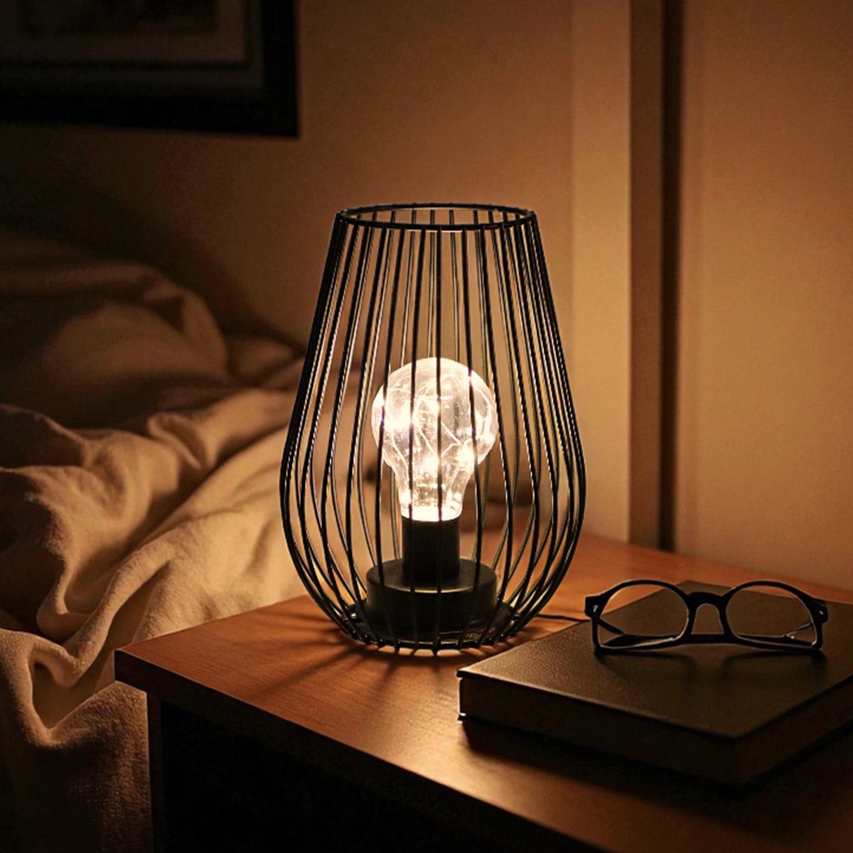 JHY DESIGN Metalen Tafellamp op Batterijen – 21 cm – Metalen Lampen - Draadloze Lantaarn in Kooivorm - Warmwitte Fairy Lights - Patio, Tuin, Nachtkastje, Bruiloft, Hal, Binnen en Buiten
