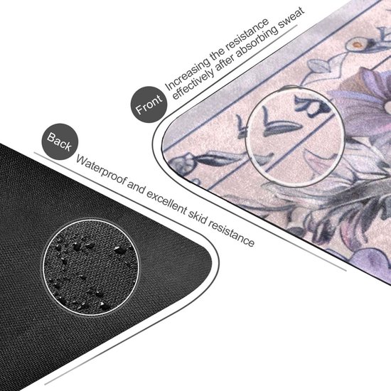 Paars Grijs Florals Boho gedrukt hot yoga mat antislip voor thuis gym, natuurlijk rubber antislip, met tas tapete para ejercicio 71x26 inch — afbeelding 3